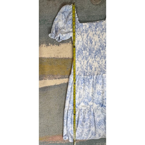 Blue Toile Smocked Maxi Dress Size S Prarie Cottagecore Soft Girl Wedding Guest‎ - Picture 9 of 14